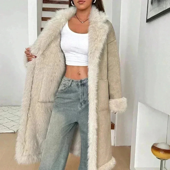 Beige Casual Women's Fuzzy Patchwork Long Sleeve Front Tie Pocket Jacket - Picture 7 of 7